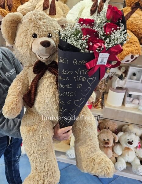 Peluche e cono con 5 rose rosse