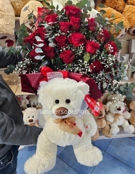 130 euro fascio 17 rose rosse e peluche medio