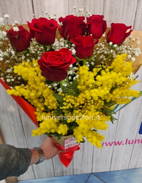 45 euro Fascio 7 rose rosse e mimosa